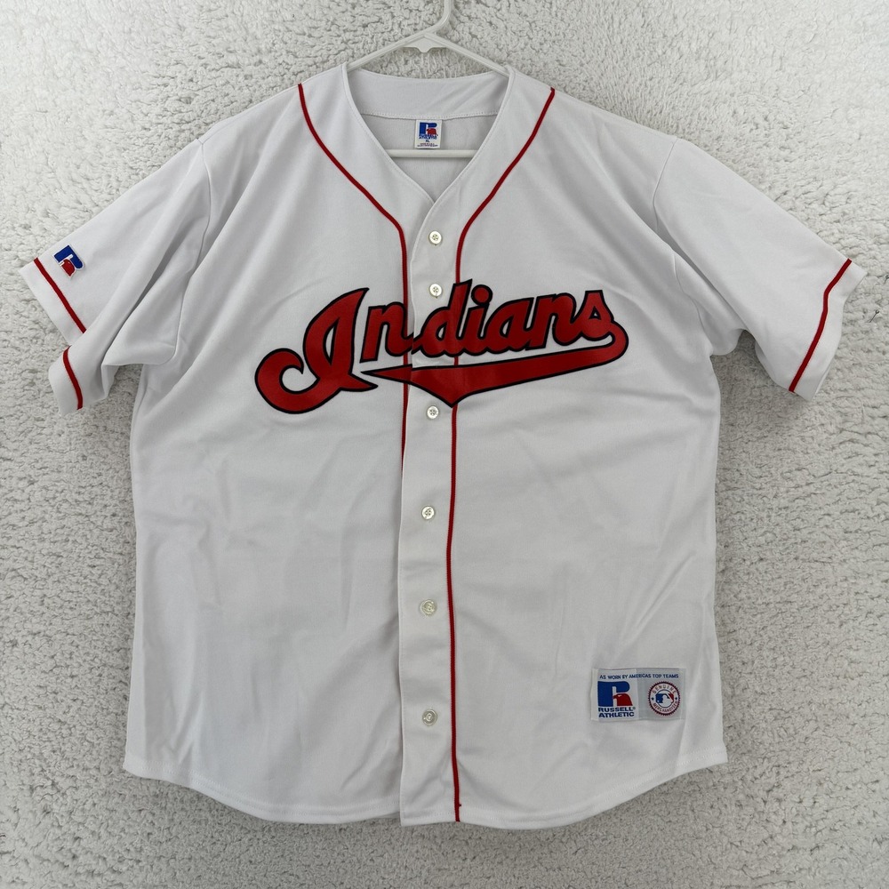 VTG Cleveland Indians Jersey Mens XL White MLB Baseball Russell Athletic Script